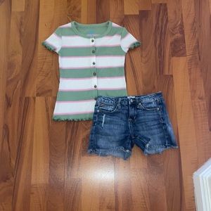 Green pink and white top with buttons, shorts are really soft and has pockets